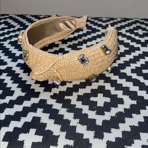 Beige Woven Headband with Gem Accents